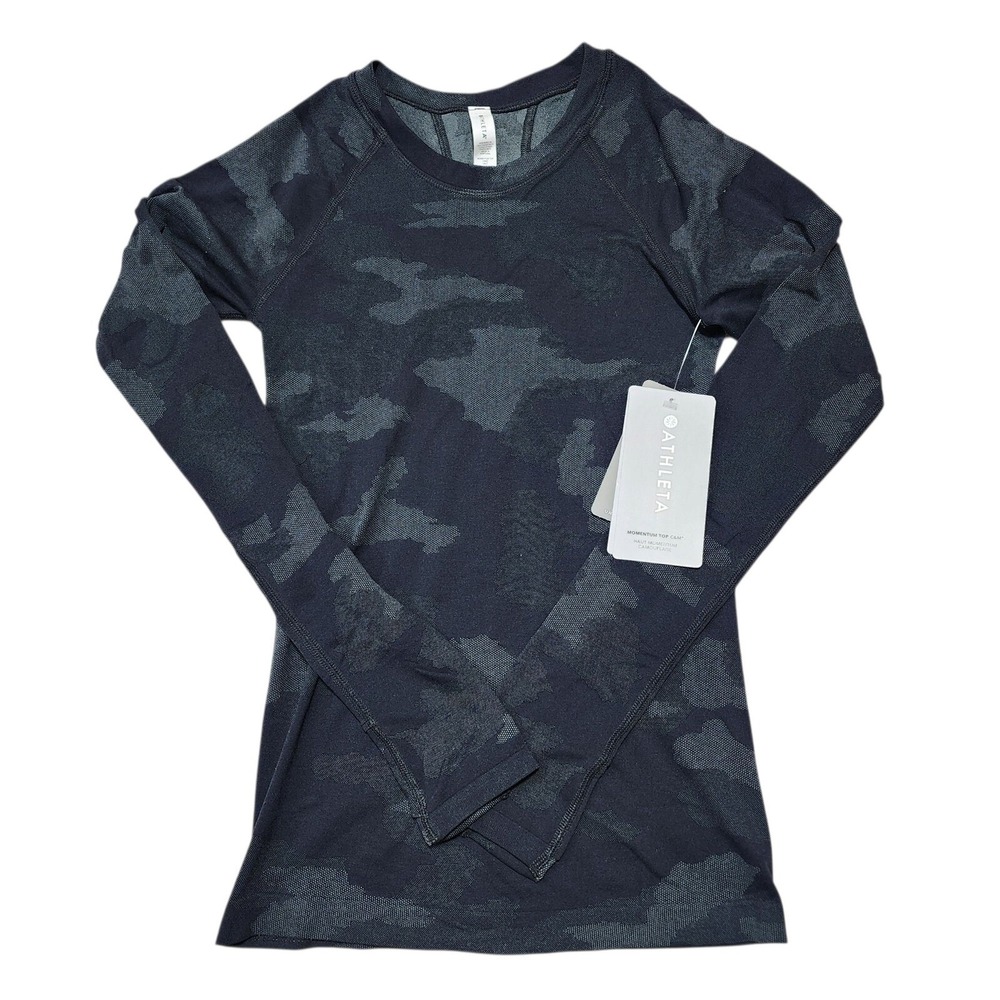 Athleta Momentum‎ Top Camo Women XXS Black Camouflage Long Sleeve Workout Shirt